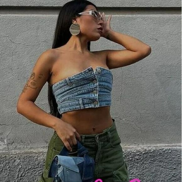ZARA TRE DENIM BANDEAU TOP - Picture 1 of 5